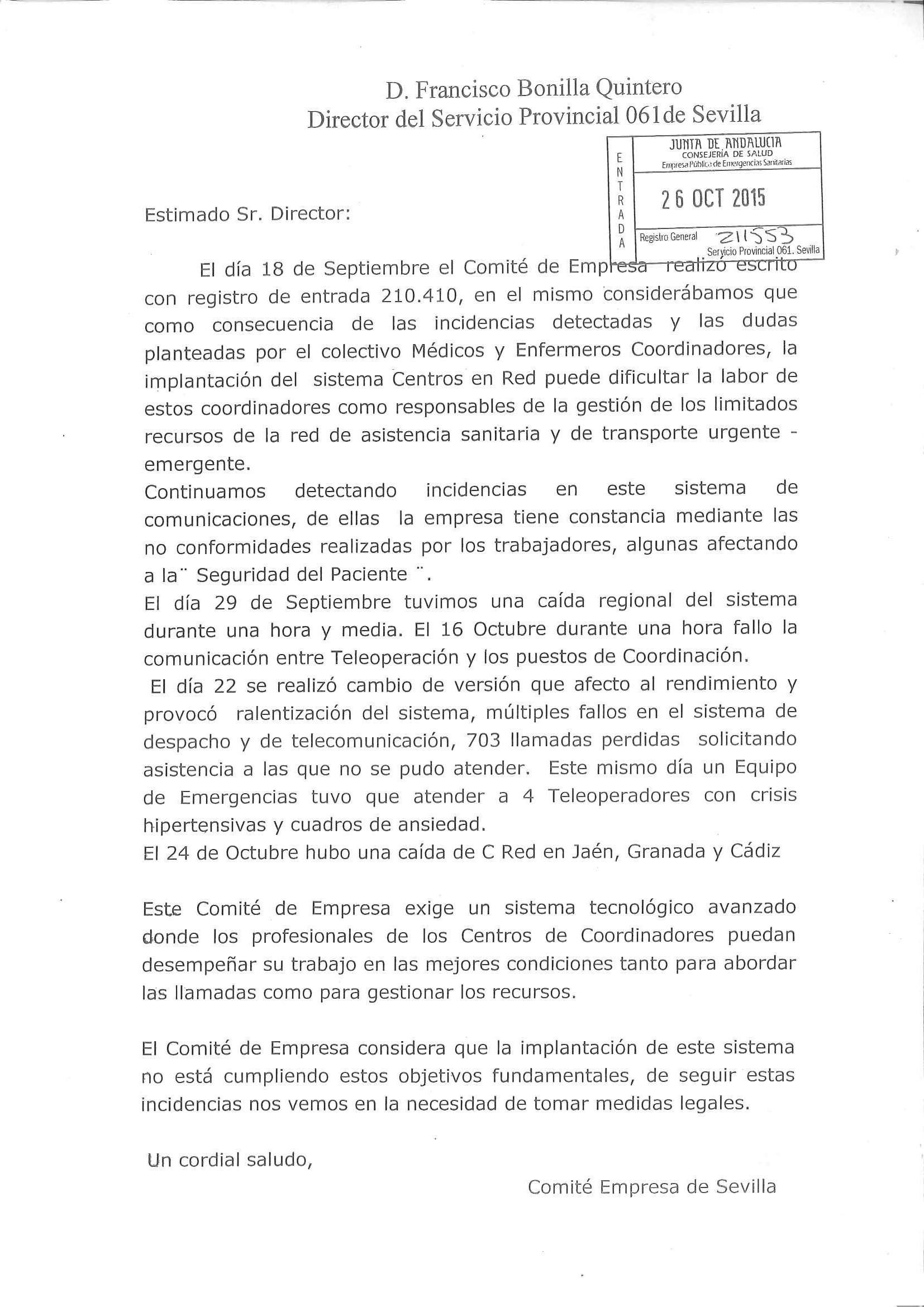 Documento del Comité de Empresa de la provincia de Sevilla presentado ante el Director Provincial del 061 y denunciando los problemas del SIEPES EN RED. 