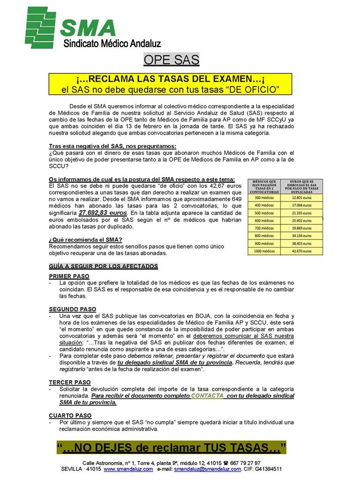 OPE: ¡…RECLAMA LAS TASAS DEL EXAMEN…¡ el SAS no debe quedarse con tus tasas “DE OFICIO”