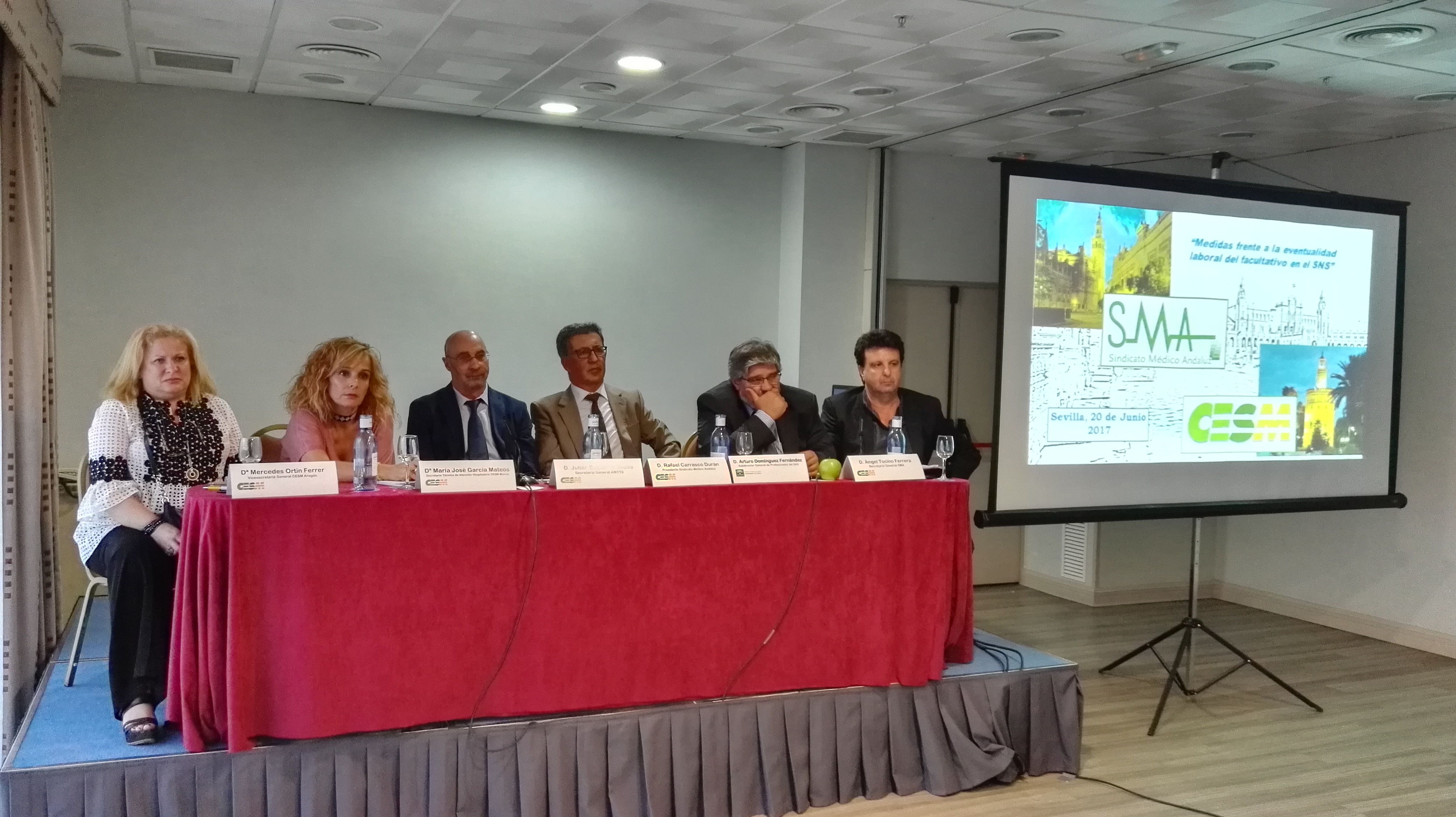 Mercedes Ortín, vicesecretaria de CESM en Aragón; María José García, secretaria técnica de Atención Hospitalaria de CESM Murcia; Julián Ezquerra, secretario de Amyts; Rafael Carrasco, presidente del SMA; Arturo Domínguez, subdirector general de profesionales del SAS y Ángel Tocino, secretario general SMA. (SMA)