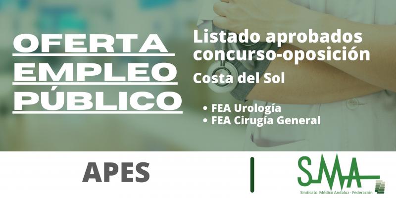 APES: Listados provisionales de aspirantes que superan el concurso-oposición de FEA Urología y FEA Cirugía General de la APES Costal del Sol