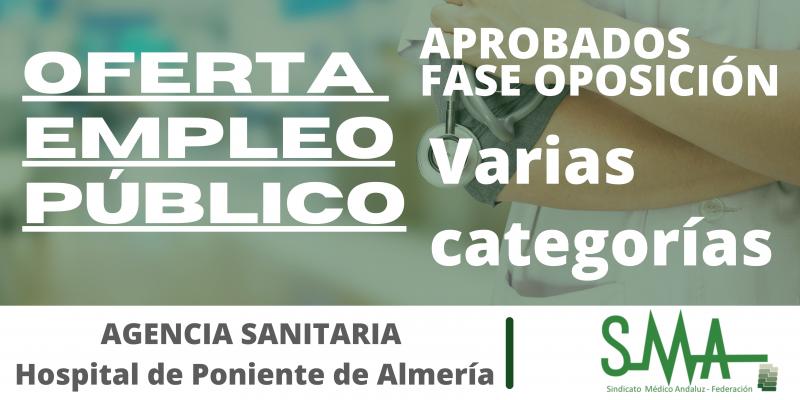 Listado de aspirantes que superan la fase de oposición por el sistema de acceso libre de varias categorías de la APES Hospital de Poniente de Almería.