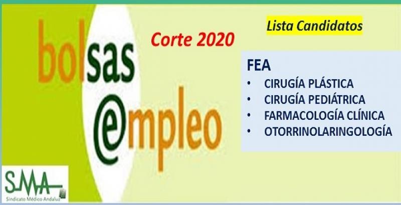 Bolsa. Listas definitivas de candidatos (corte 2020) de FEA de Cirugía Plástica, Cirugía Pediátrica, Farmacología Clínica y Otorrinolaringología.