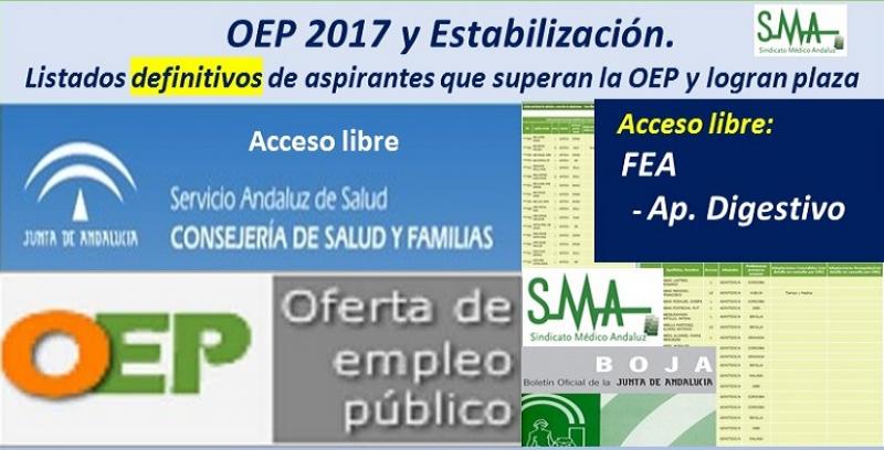 OEP 2017-Estabilización. Listados definitivos de personas aspirantes que superan el concurso-oposición y logran plaza, de FEA Aparato Digestivo, acceso libre.