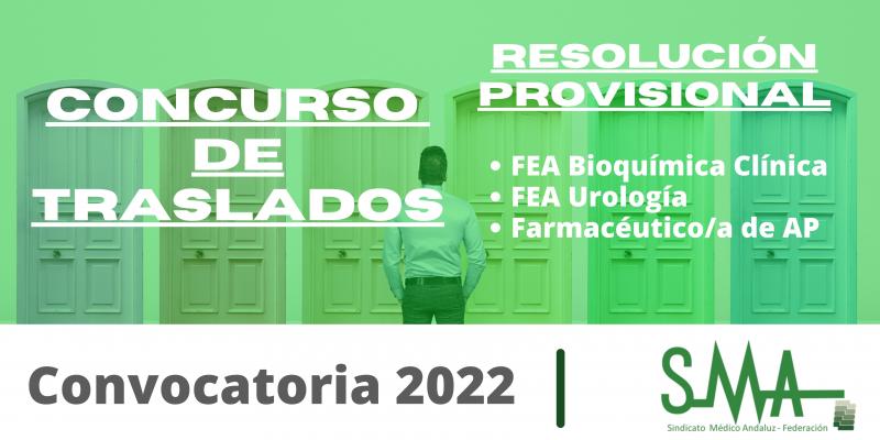 Traslados 2022: Resolución provisional del concurso de traslado para la provisión de plazas básicas vacantes de FEA Bioquímica Clínica, FEA Urología y Farmacéutico de AP