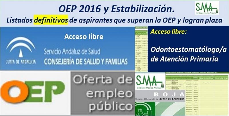 OEP 2016-Estabilización. Listados definitivos de personas aspirantes que superan el concurso-oposición y logran plaza, de Odontoestomatólogo/a de Atención Primaria, acceso libre.