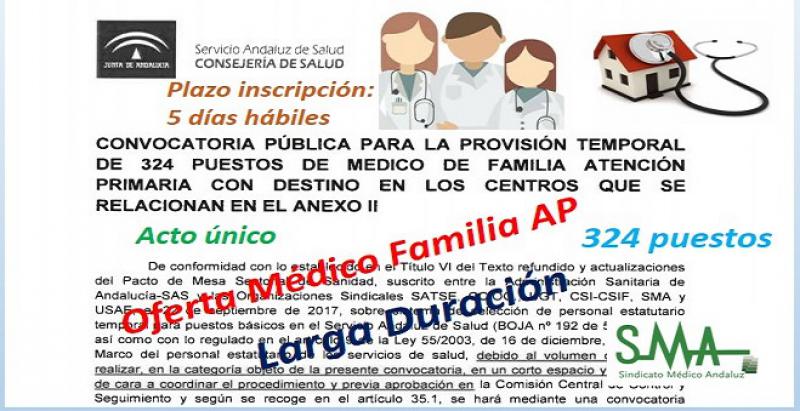 Convocatoria Pública para la provisión temporal de 324 puestos de Médico de Familia de Atención Primaria en diferentes Centros de Salud, mediante acto único.
