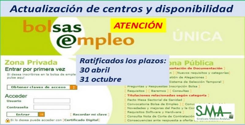 Ratificados los plazos para la actualización de centros y disponibilidad en los mismos en la bolsa de empleo SAS.