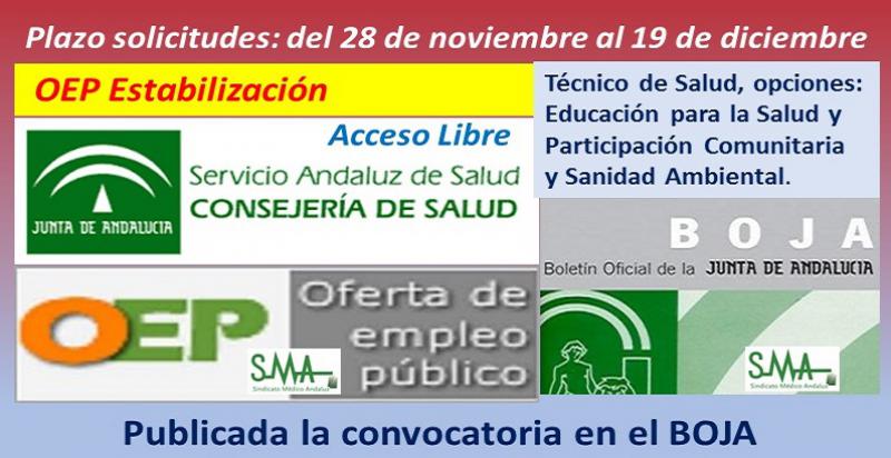 Publicada en el Boja la convocatoria de OEP Estabilización para Técnico de Salud, opciones Educación para la Salud y Participación Comunitaria y Sanidad Ambiental, acceso libre.