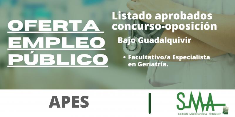 APES Bajo Guadalquivir: Listas provisionales de personas aspirantes que han superado el concurso-oposición de Facultativo/a Especialista en Geriatría