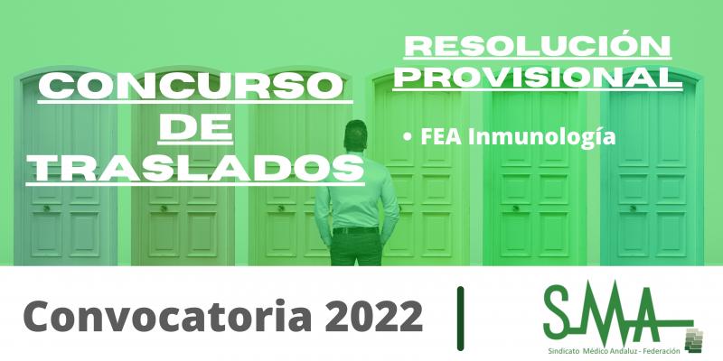 Traslados 2022: Resolución provisional del concurso de traslado para la provisión de plazas básicas vacantes de FEA Inmunología