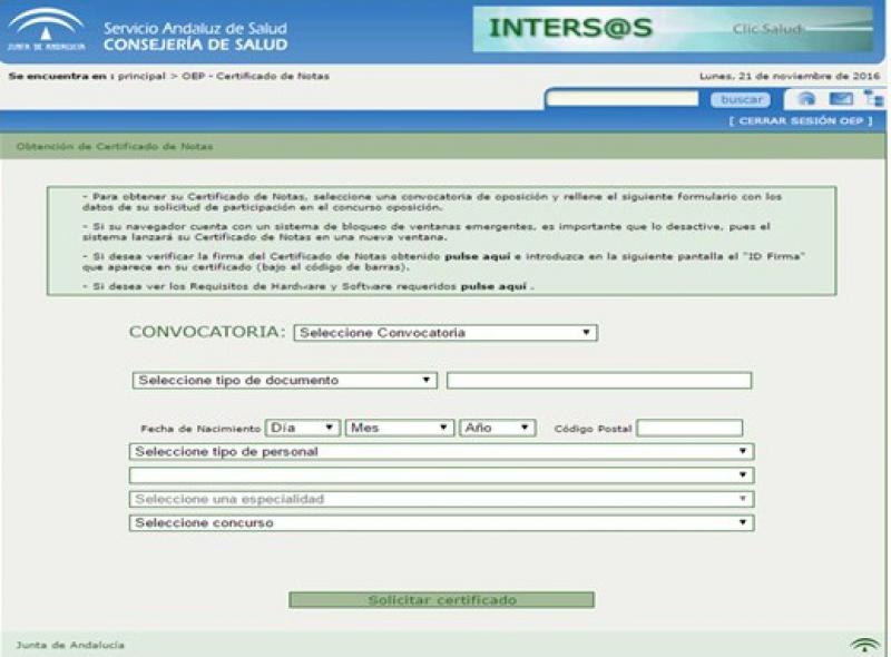 Certificado de superación de la fase de oposición de la OEP 2013-15.