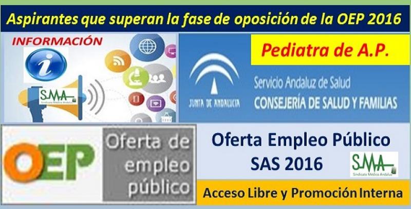 OEP 2016. Listado de aspirantes que superan la fase de oposición de las pruebas selectivas por acceso libre y promoción interna de Pediatra de Atención Primaria.