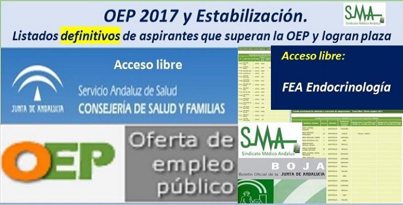 OEP 2017-Estabilización. Listados definitivos de personas aspirantes que superan el concurso-oposición y logran plaza, de FEA Endocrinología, acceso libre.