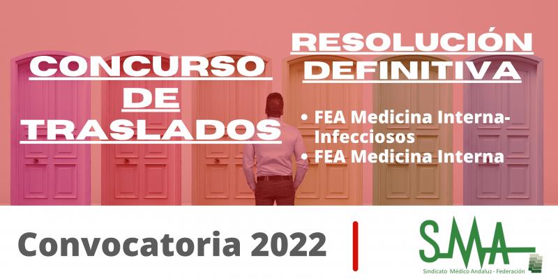 TRASLADOS 2022: Resolución definitiva del concurso de traslado para la provisión de plazas básicas vacantes de FEA Medicina Interna-Infecciosos y FEA Medicina Interna