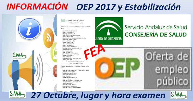 Lugar de celebración y hora del examen para la OEP 2017 y OEP Estabilización de las diferentes especialidades de FEA que se examinan el 27 de Octubre.
