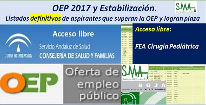 OEP 2017-Estabilización. Listados definitivos de personas aspirantes que superan el concurso-oposición y logran plaza, de  FEA Cirugía Pediátrica, acceso libre.