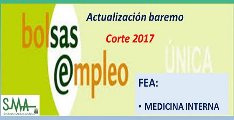 Bolsa. Publicación de las listas de aspirantes con actualización del baremo de méritos (corte 2017) de FEA Medicina Interna.