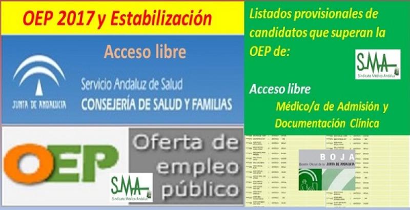OEP 2017-Estabilización. Listado provisional de personas que superan el concurso-oposición de Médico/a de Admisión y Documentación Clínica, acceso libre.