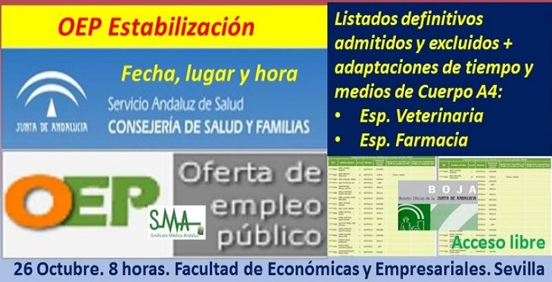 Publicados en BOJA los listados definitivos de admitidos, adaptaciones, fecha y lugar de celebración de los exámenes de la OEP de Estabilización del Cuerpo A4, especialidades Veterinaria y Farmacia.