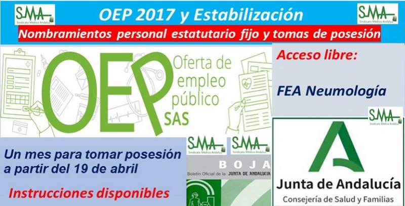 OEP 2017-Estabilización. Nombramientos de personal estatutario fijo y toma de posesión, de FEA de Neumología, acceso libre.