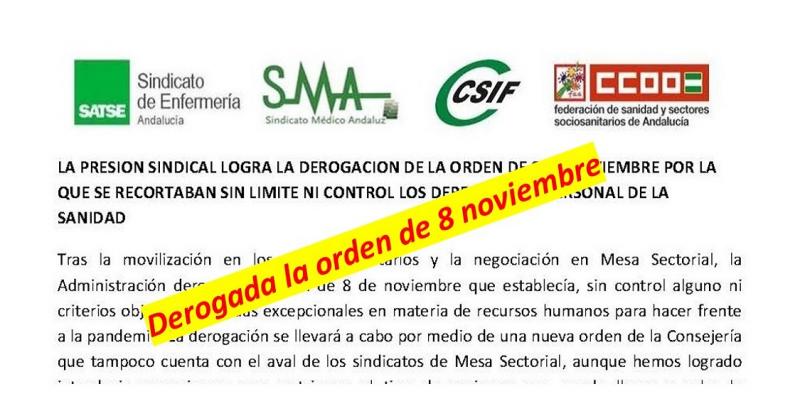 La presión sindical logra la derogación de la Orden de 8 de noviembre por la que se recortaban sin límite ni control los derechos del personal de la sanidad.