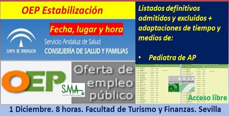 Publicados en BOJA los listados definitivos de admitidos, adaptaciones, fecha y lugar de celebración de los exámenes de la OEP de Estabilización de Pediatra de Atención Primaria.