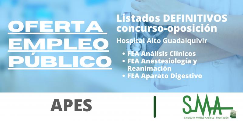 APES Alto Guadalquivir: lista definitiva de personas aspirantes que han superado el concurso-oposición por el sistema de acceso libre de FEA Análisis Clínicos, Anestesiología y Reanimación y Aparato Digestivo
