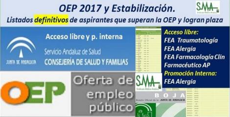 OEP 2017-Estabilización. Listados definitivos de personas aspirantes que superan el concurso-oposición y logran plaza de FEA Traumatología, Alergia, Farmacología Clínica, Farmacéutico AP, acceso libre y FEA Alergia, promoción interna. 