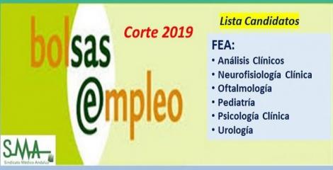 Bolsa. Publicación del listado definitivo de candidatos (corte 2019) de FEA de Pediatría, Oftalmología, Análisis Clínicos, Neurofisiología, Psicología y Urología.