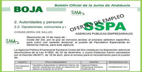 Convocado el acceso al proceso de selección para cubrir un puesto temporal de FE en Medicina Interna para la APS Costa del Sol.