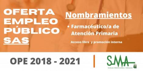 OPE 2018 - 2021: Nombradas personal estatutario fijo a las personas aspirantes que han superado el concurso-oposición, por el sistema de acceso libre y promoción interna de  Farmacéutico/a de AP
