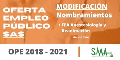 OPE 2018-2021: Modificación de los nombramientos y relación complementaria de aspirantes a los que se requiere presentación de solicitudes de petición de centro de destino de FEA Anestesiología, acceso libre