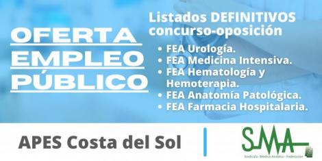 APES: Lista definitiva de personas aspirantes que han superado el concurso-oposición de FEA Urología, Medicina Intensiva, Hematología y Hemoterapia, Anatomía Patológica y Farmacia Hospitalaria