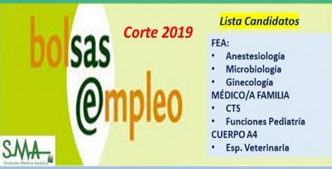 Bolsa. Publicación del listado definitivo de candidatos (corte 2019) de FEA de diferentes especialidades, puestos de Médico/a de Familia y Cuerpo A4.