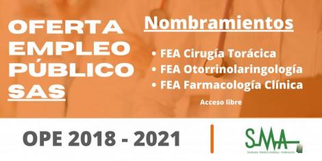 OPE 2018 - 2021: ​Nombradas personal estatutario fijo a las personas aspirantes que han superado el concurso-oposición en la categoría de FEA de Cirugía Torácica, Otorrinolaringología y Farmacología Clínica, acceso libre