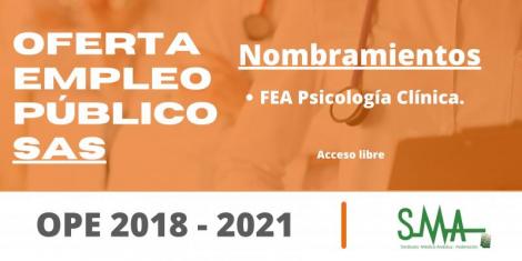 OPE 2018 - 2021: ​Nombradas personal estatutario fijo a las personas aspirantes que han superado el concurso-oposición, por el sistema de acceso libre, en la categoría de FEA Psicología Clínica 