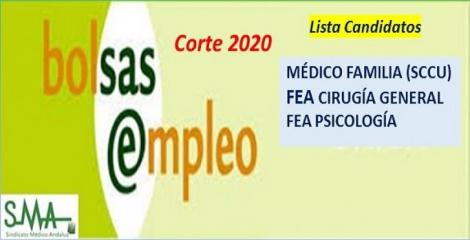 Bolsa. Listas definitivas de candidatos (corte 2020) de Médico de Familia en SCCU y de FEA Cirugía General y Psicología Clínica