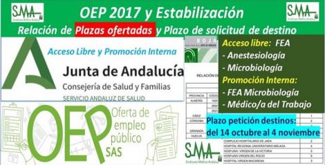 Publicada en el BOJA la relación de las plazas ofertadas y el plazo para solicitar destino de la OEP 2017-Estabilización de FEA Anestesiología y Microbiología (acceso libre) y de FEA Microbiología y Médico del Trabajo (p. interna).