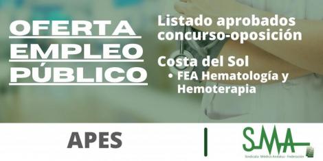 Lista provisional de personas aspirantes que han superado el concurso-oposición de FEA, Hematología y Hemoterapia en la APES Costa del Sol
