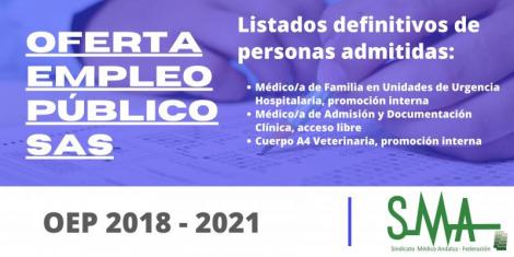 Listas definitivas de personas admitidas y excluidas de Médico/a de Familia en Unidades de Urgencia Hospitalaria, Cuerpo A4 Veterinaria y  Médico/a de Admisión y Documentación Clínica