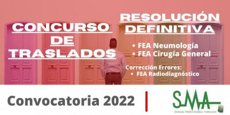 Traslados 2022: Resolución definitiva del concurso de traslado de: FEA Neumología, Cirugía General y corrección de errores de FEA Radiodiagnóstico
