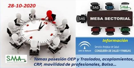 Información Mesa Sectorial 28-10-2020. Previsión de fechas de tomas de posesión Traslados y OEP, acoplamientos, movilidad de profesionales, CRP...