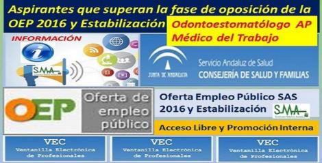 OEP 2016 y Estabilización. Listado de aspirantes que superan la fase de oposición de las pruebas selectivas por acceso libre y promoción interna de Odontoestomatólogo/a de AP y Médico/a del Trabajo.