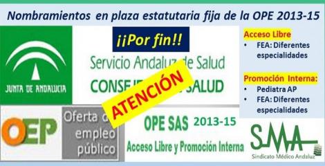 Publicados en el Boja los nombramientos como personal estatutario fijo de diferentes categorías (acceso libre y promoción interna) de la OPE 2013-2015.