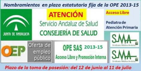 OPE 2013-2015. Publicados en el Boja los nombramientos como personal estatutario fijo de Pediatra de Atención Primaria, acceso libre. 