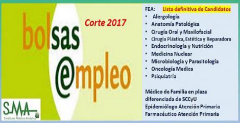 Bolsa. Publicación del listado definitivo de candidatos (corte 2017) de distintas especialidades de FEA, Médico de Familia en plaza de SCCyU, Epidemiólogo y Farmacéutico de AP.