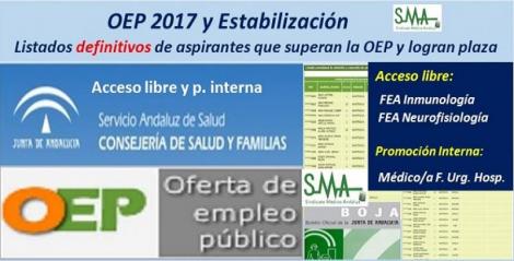 OEP 2017-Estabilización. Listados definitivos de personas aspirantes que superan el concurso-oposición y logran plaza, de FEA Inmunología, Neurofisiología Clínica, acceso libre y de Médico/a Familia en Urgencia Hospitalaria, promoción interna.