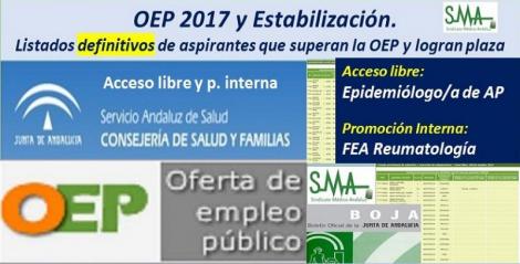 OEP 2017-Estabilización. Listados definitivos de personas aspirantes que superan el concurso-oposición y logran plaza, de Epidemiólogo/a AP, acceso libre y FEA Reumatología, promoción interna.