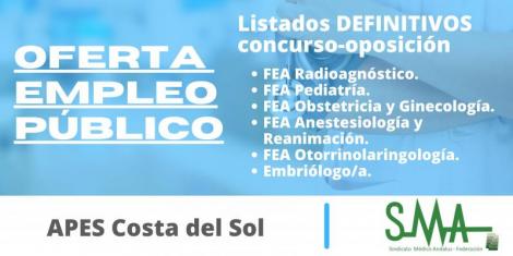 APES Costa del Sol: Listas definitivas de personas aspirantes que han superado el concurso-oposición de:  FEA Radioagnóstico, Pediatría, Obstetricia y Ginecología, Anestesiología y Reanimación, Otorrinolaringología y Embriólogo/a