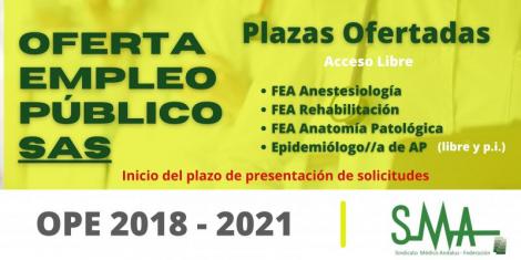 Relación de plazas ofertadas e inicio del plazo para solicitar destino en la OEP 2018-2021 de FEA de Anestesiología, Rehabilitación, A.Patológica y Epidemiólogo de AP